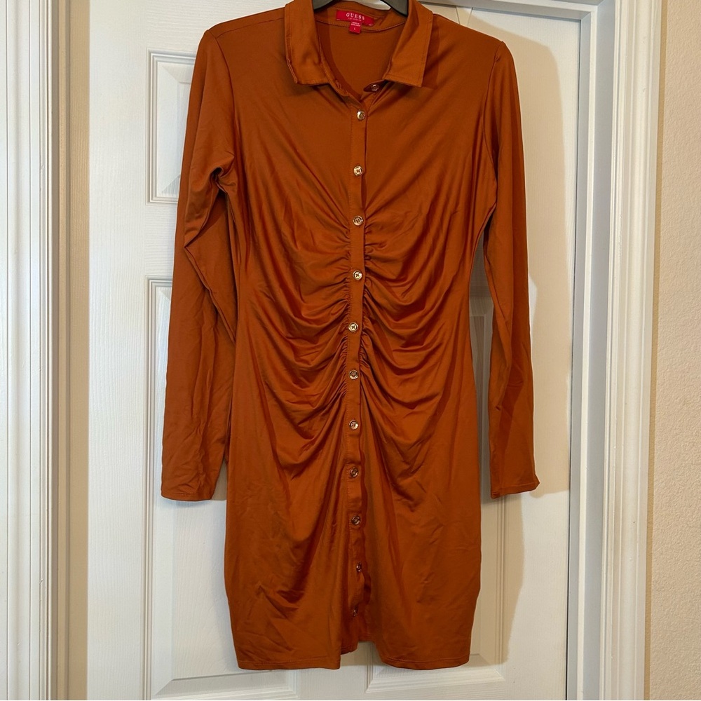 Guess Burnt Orange Ruched Long Sleeve Dress Size L - Picture 3 of 8